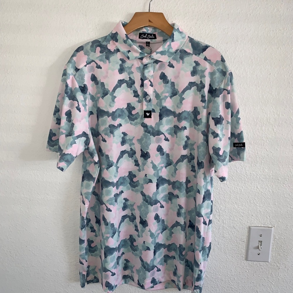 Bad‎ Birdie Mens Golf Polo Shirt Pink Mint Blue Watercolor Camo Size Large NWT